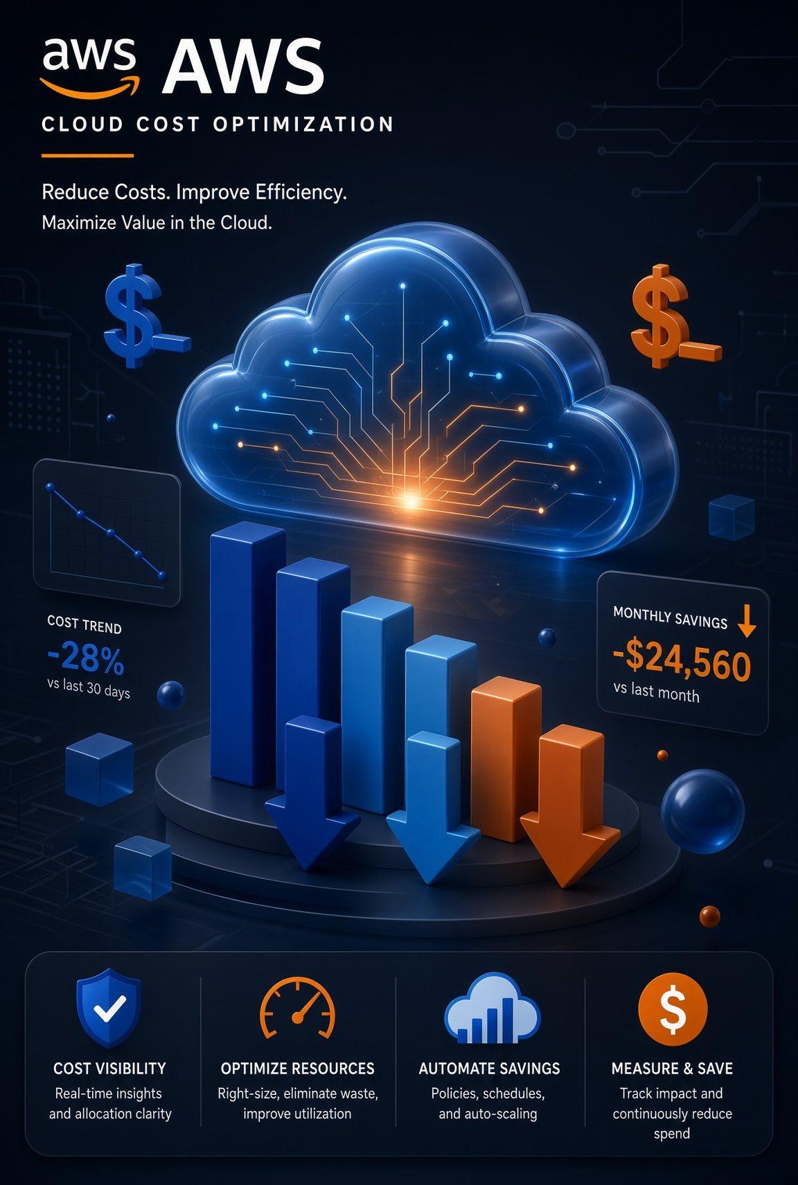 Cloud above a falling spend chart with dollar signs and monthly savings
